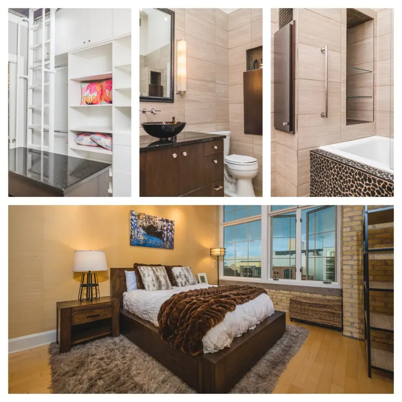 Condo interior collage showing a bedroom, bathroom with vessel sink, soaking tub, and built-in shelving