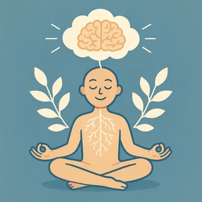 Illustrated figure meditating with a glowing brain in a thought cloud above and leaf branches on either side