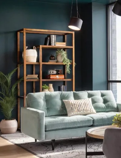 Mint green tufted sofa beside a wood open bookshelf against teal walls