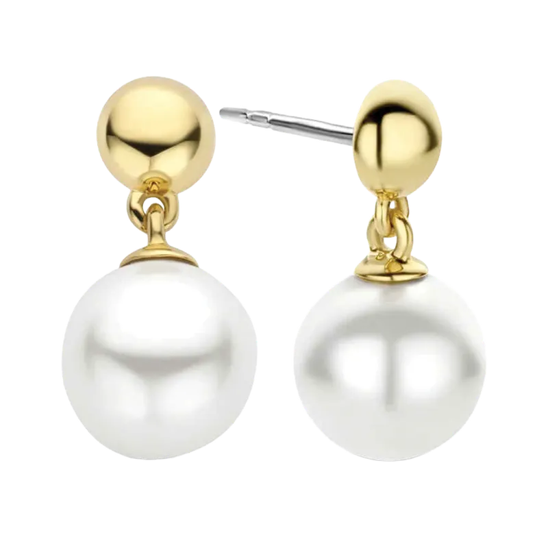 Pair of gold-tone drop earrings with round white pearl pendants
