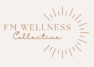 FM Wellness Collective logo with sunburst design in terracotta on cream