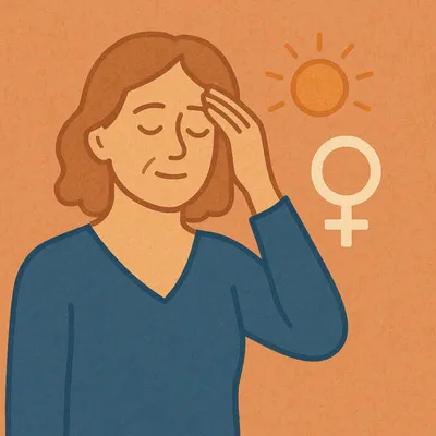 Illustrated woman pressing hand to forehead beside a sun and female symbol