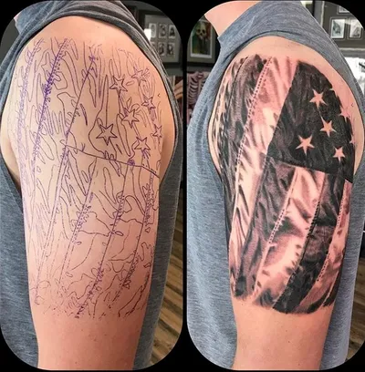 Before-and-after tattoo comparison showing a stencil outline and finished black-and-grey American flag sleeve tattoo