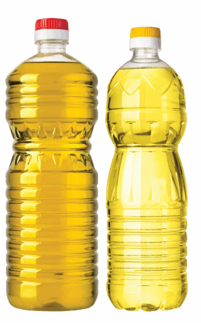 Two clear plastic bottles filled with golden cooking oil, one with a red cap and one with a yellow cap