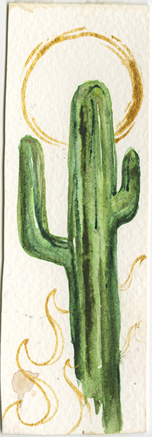 Watercolor saguaro cactus with a golden halo and flame details