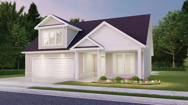 Two-story white craftsman-style home with dark roof, two-car garage, and front porch at dusk
