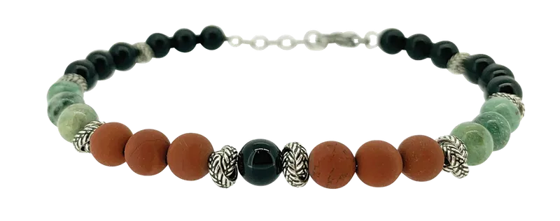 Beaded bracelet with terracotta, green, black, and silver accent beads with a lobster clasp