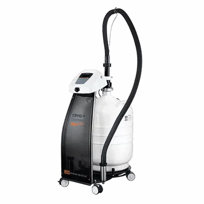 White and black cryotherapy machine on wheels with flexible hose attachment