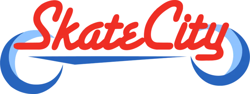 Skate City logo in red script with blue roller skate wheel accents