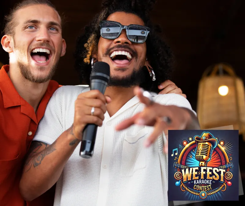 Two laughing men sing into a microphone, with a We Fest Karaoke Contest logo overlay