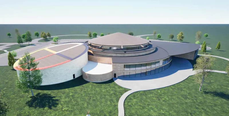 Architectural rendering of a curved modern cultural center building surrounded by green lawn and trees