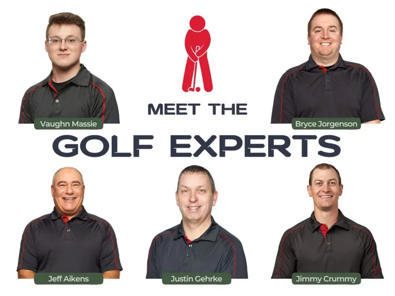 Five smiling golf experts in matching dark polo shirts labeled with their names