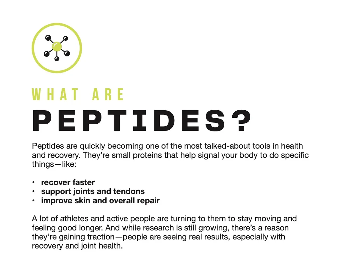 Infographic titled 'What Are Peptides?' with molecule icon and bullet points on health benefits