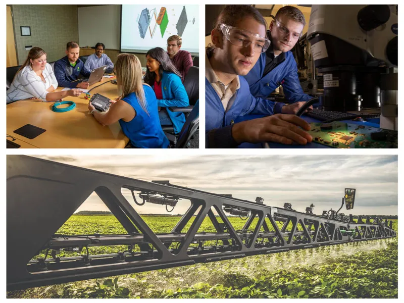 Three-panel collage: team meeting, two engineers in safety goggles at a workstation, and a wide sprayer boom over a green