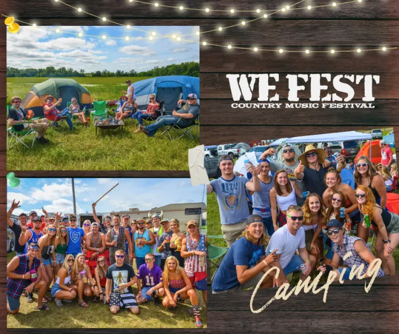 WE Fest camping photos on woodbackdrop with overhang lights