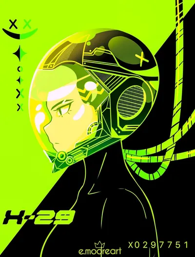 Neon green digital illustration of an anime figure in a futuristic helmet labeled H-29