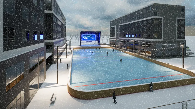 Architectural rendering of an outdoor ice rink between modern apartment buildings in a snowstorm