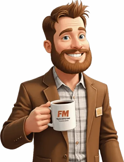 Smiling illustrated man with beard in brown blazer holding a coffee mug labeled FM