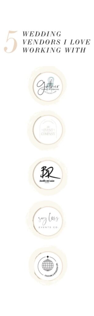 Five circular vendor logos under the heading '5 Wedding Vendors I Love Working With