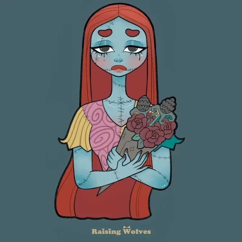 Illustrated blue rag-doll figure with red hair holding a bouquet of dark roses