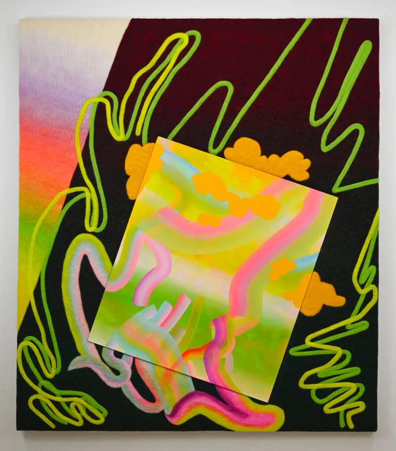 Abstract painting with neon green swirls, pink wavy lines, and a tilted square canvas layered over a dark background