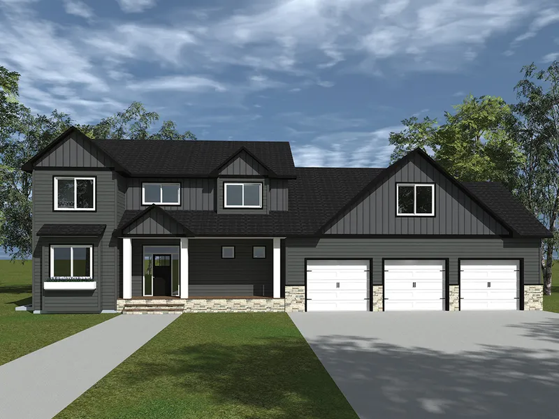 Two-story craftsman-style home rendering with gray board-and-batten siding, stone accents, and three-car garage