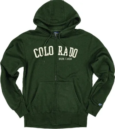 Forest green zip-up hoodie with arched Colorado Durango lettering on the chest