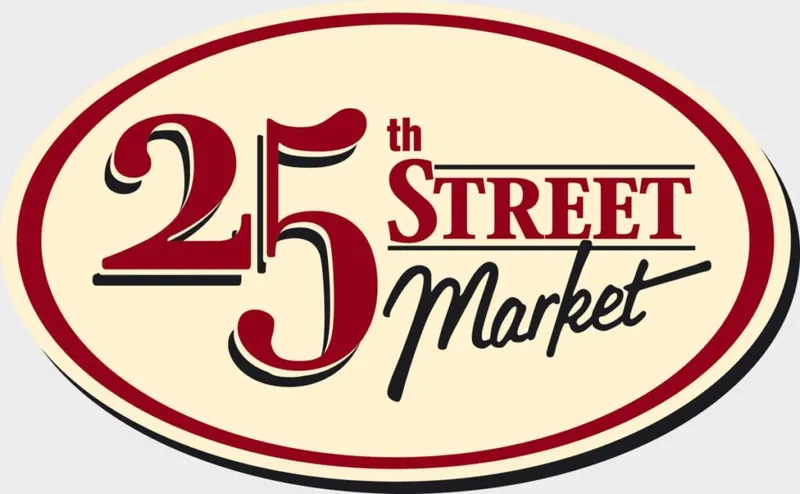 25th Street Market oval logo in red and cream with retro typography