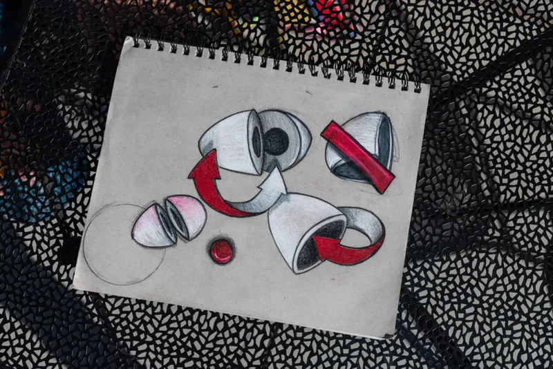 Spiral-bound sketchbook open to a pencil and red marker drawing of abstract rotating spheres with arrows