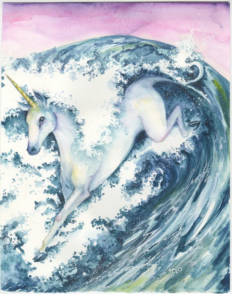 Watercolor painting of a white unicorn leaping through a crashing ocean wave under a pink sky
