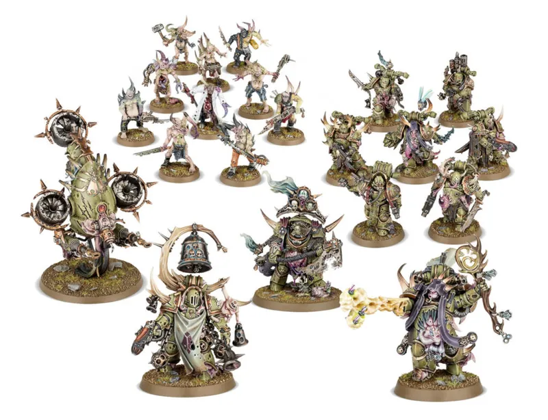 Collection of painted green chaos-themed tabletop miniatures on sand-colored bases