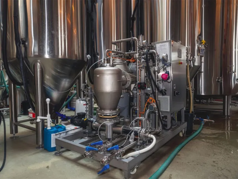 Stainless steel brewing tanks and a compact filtration unit on a wheeled cart in a brewery