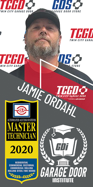 Jamie Ordahl, Master Technician 2020 badge, Twin City Garage Door branding