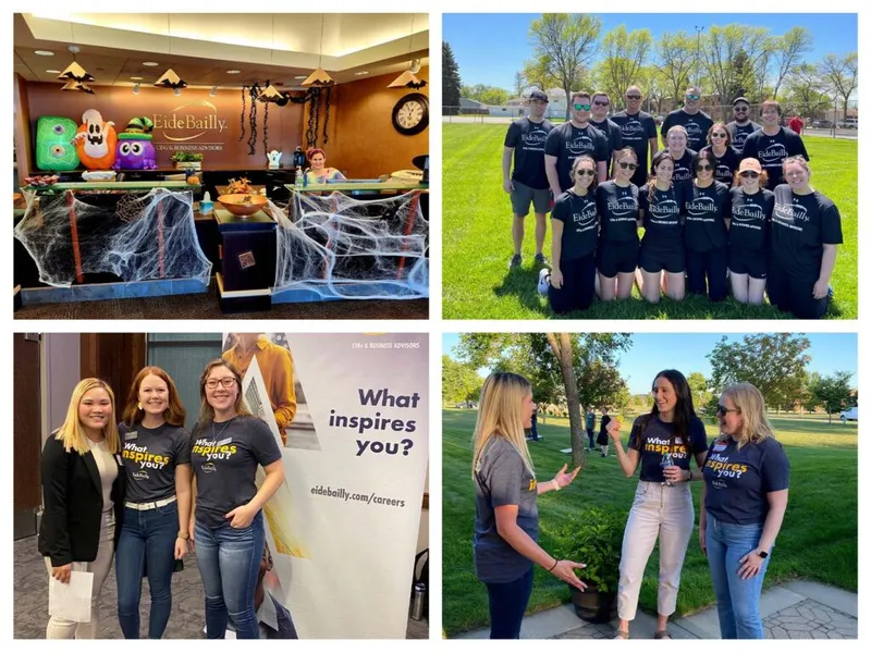 Four-panel collage of Eide Bailly staff at Halloween decorations, a team group photo, and two career fair scenes