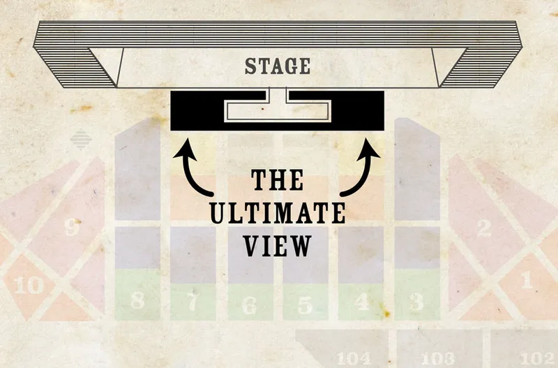 Venue seating chart highlighting front-center sections labeled 'The Ultimate View
