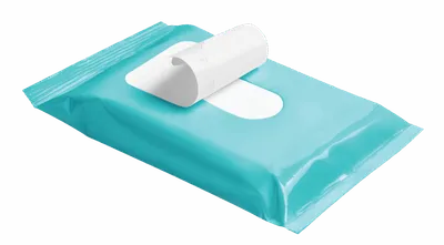 Teal packet of wet wipes with one wipe partially pulled out