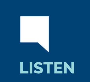 White speech bubble icon above the word LISTEN on a dark blue background