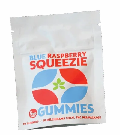 Blue Raspberry Squeezie Gummies package, 10 gummies, 50mg THC total