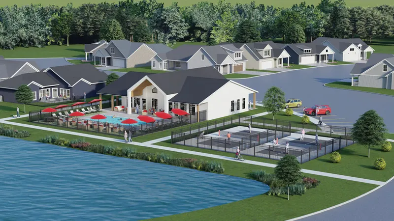 Aerial rendering of a residential community with a pool, pickleball courts, and a pond