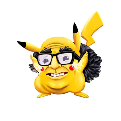 Cartoon yellow Pikachu character with dark hair and thick-framed glasses