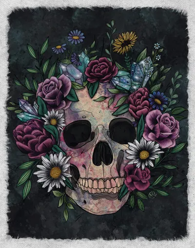 Illustrated skull crowned with purple roses, daisies, and crystal gems on a dark background