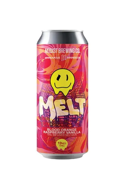 Modist Brewing Co. Melt blood orange raspberry vanilla THC seltzer can with melting smiley face design