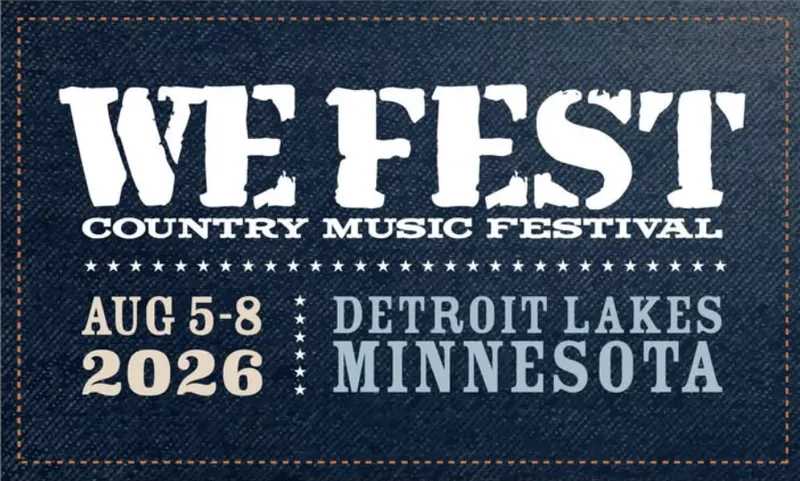 We Fest Country Music Festival promotional graphic, Aug 5–8 2026, Detroit Lakes Minnesota