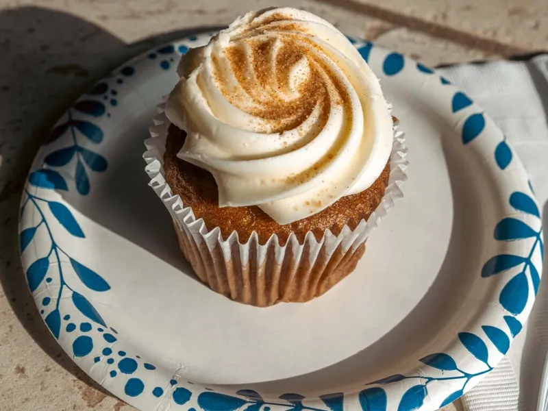 Cupcake with swirled cream cheese frosting dusted with cinnamon on a blue floral paper plate