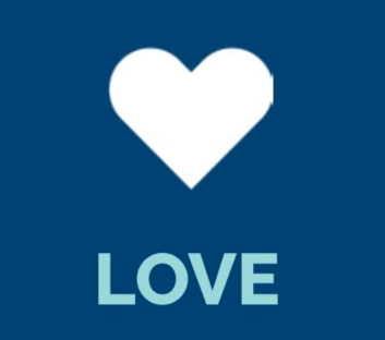 White heart icon above the word LOVE on a dark blue background