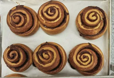 Six golden cinnamon rolls arranged in two rows on parchment paper