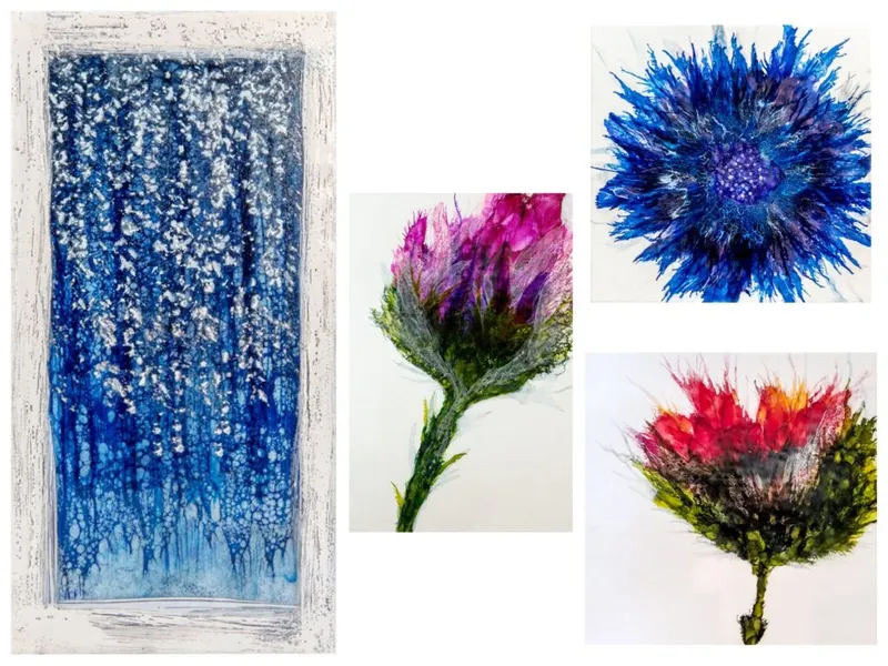 Four abstract floral artworks in blue, pink, and red with expressive brushwork