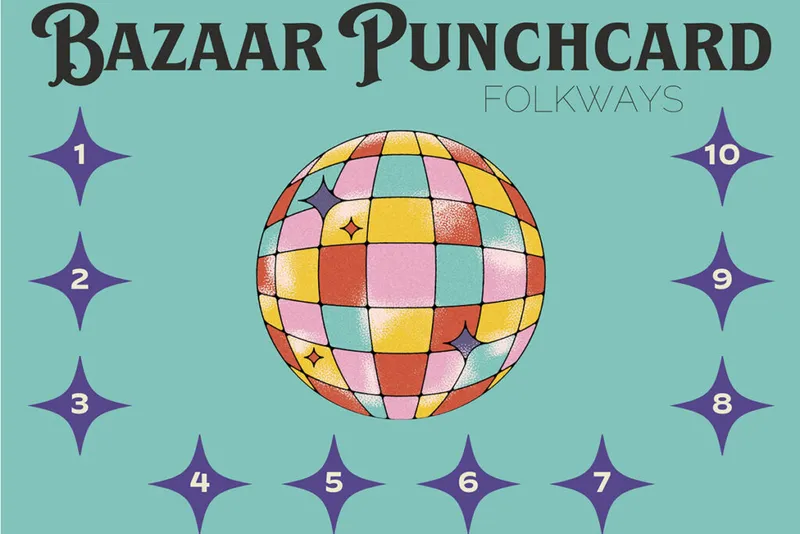 Bazaar Punchcard Folkways graphic with a retro disco ball and numbered star punch slots