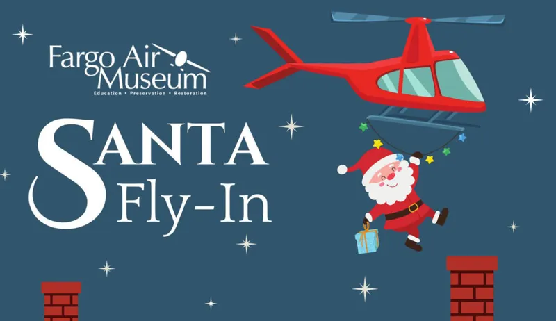 Fargo Air Museum Santa Fly-In event graphic with cartoon Santa dangling from a red helicopter