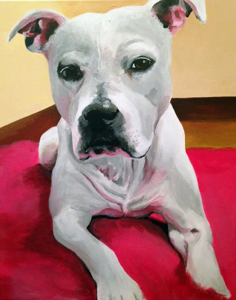 Oil painting of a white pit bull terrier resting on a red dog bed